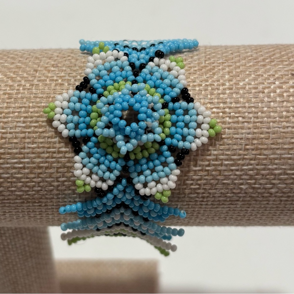 Handmade Blue Seed Bead Bracelet Boho Floral Adjustable Beaded Jewelry